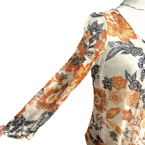 Lucky Brand Blouse Womens Size XS Floral Print Sheer Pleated Boho Lightweight - Picture 8 of 13